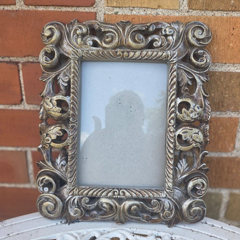 Ornate 5x7 Photo Frame Distressed Gold Brown Scroll Heavy Resin Baroque Decor